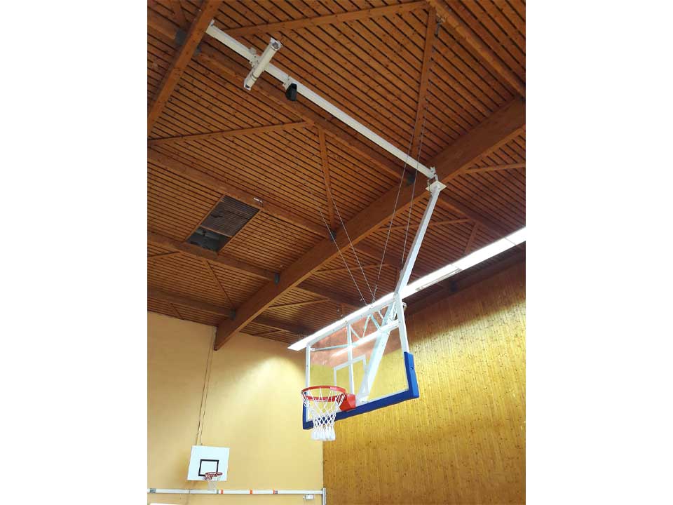 Ceiling suspended basketball goal with fixed height frame